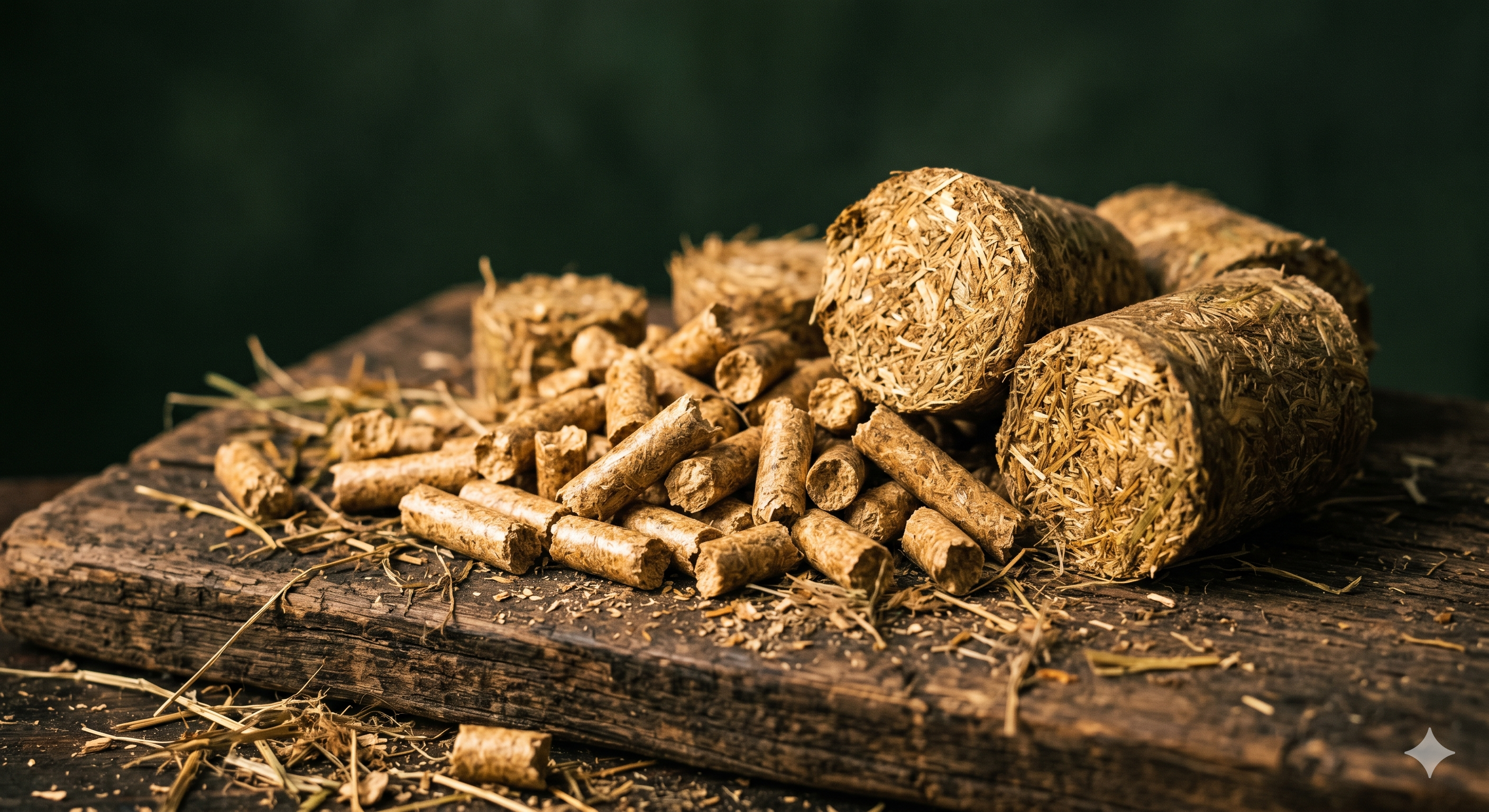 Biomass pellets on a wooden surface